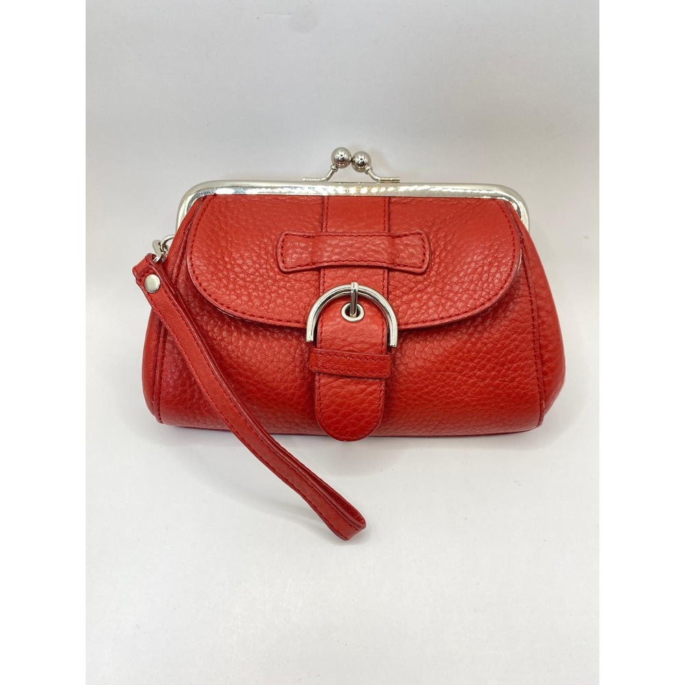 Vintage Talbots Pebbled Leather Kiss Lock Wristlet Clutch Small Red Buckle Flap